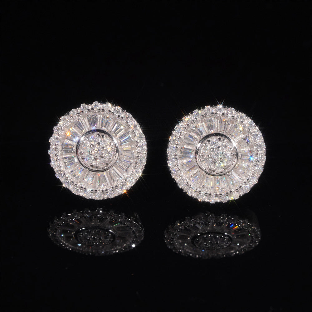 Silver Round Bageutte Cut Moissanite Diamond Earrings For MEN With GRA Report