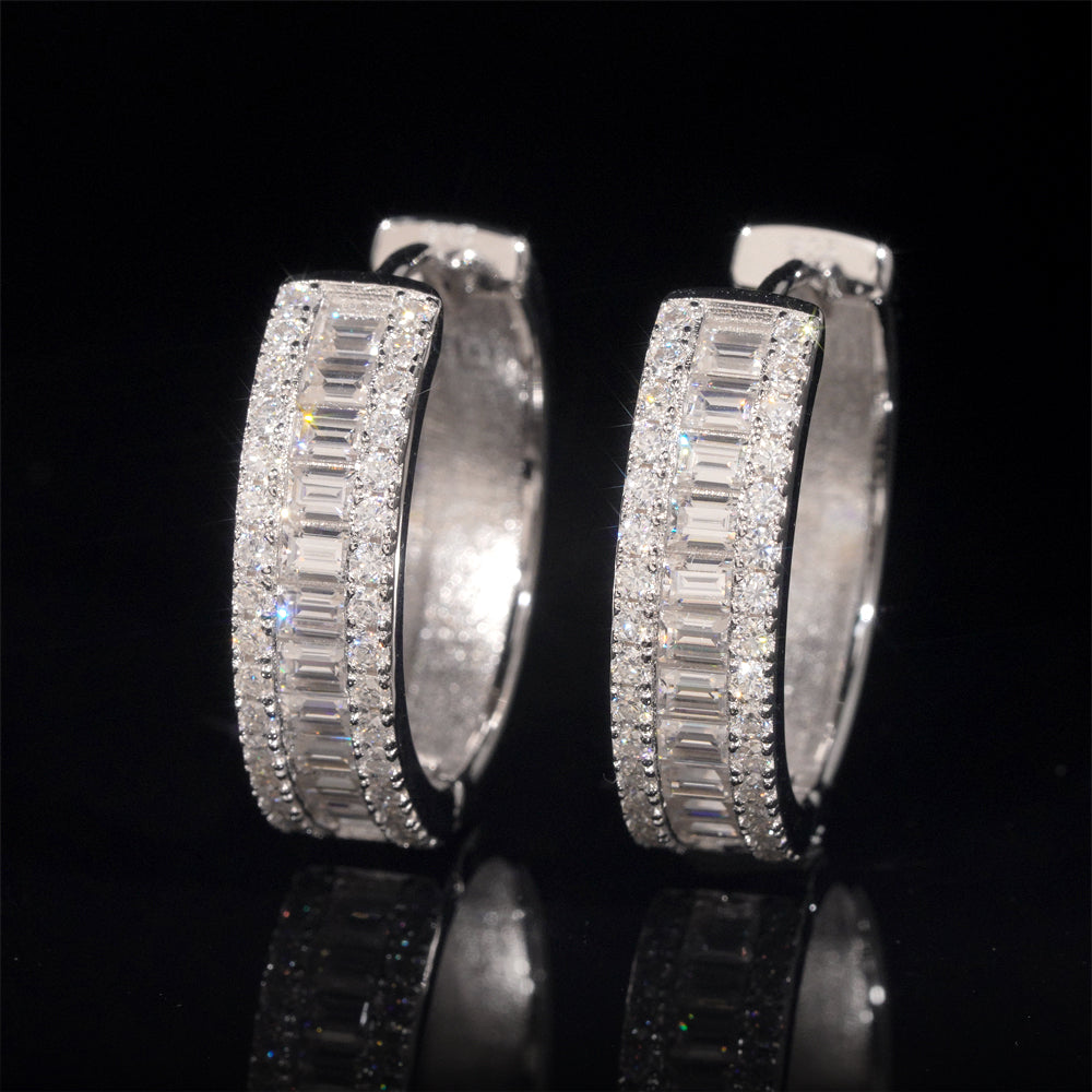 Solid Silver Baguette Diamond Moissanite VVS Hoop Earrings For Women