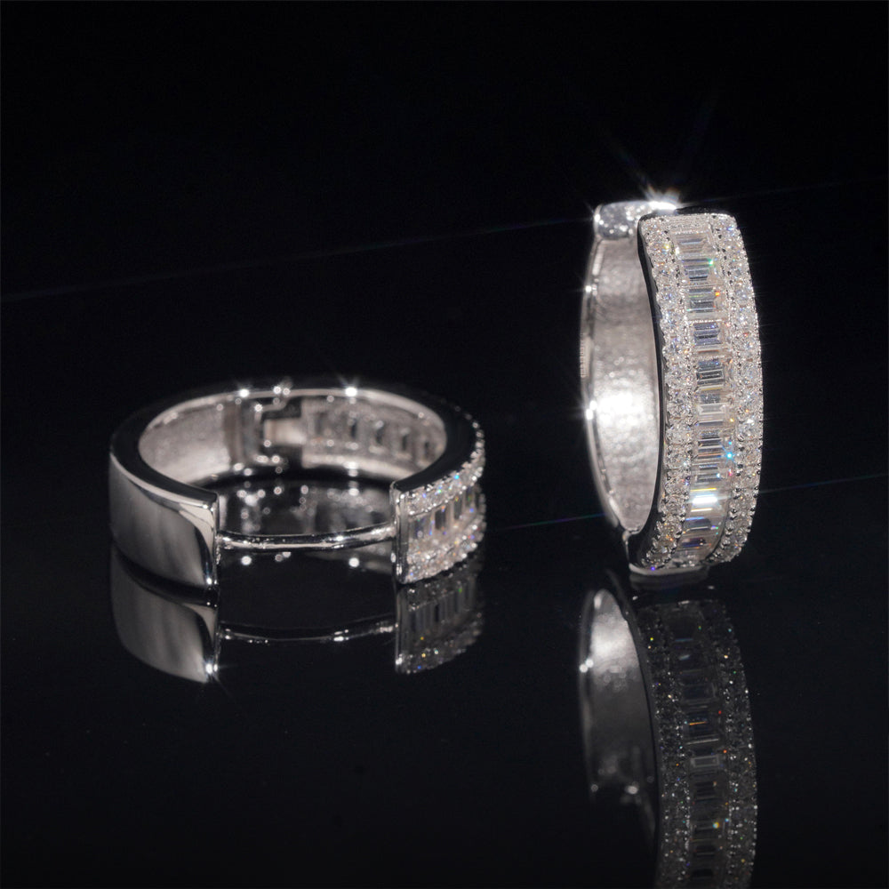 Solid Silver Baguette Diamond Moissanite VVS Hoop Earrings For Women