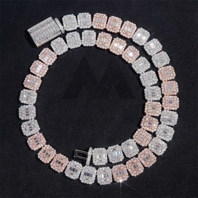 Теннисная цепочка Iced Out 13 мм с муассанитом и бриллиантами VVS, розовое золото, микс белого золота