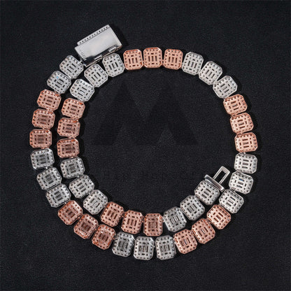 Iced Out 13MM VVS Moissanite Diamond Baguette Tennis Chain Rose Gold Mix White Gold