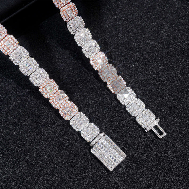 Iced Out 13MM VVS Moissanite Diamond Baguette Tennis Chain Rose Gold Mix White Gold