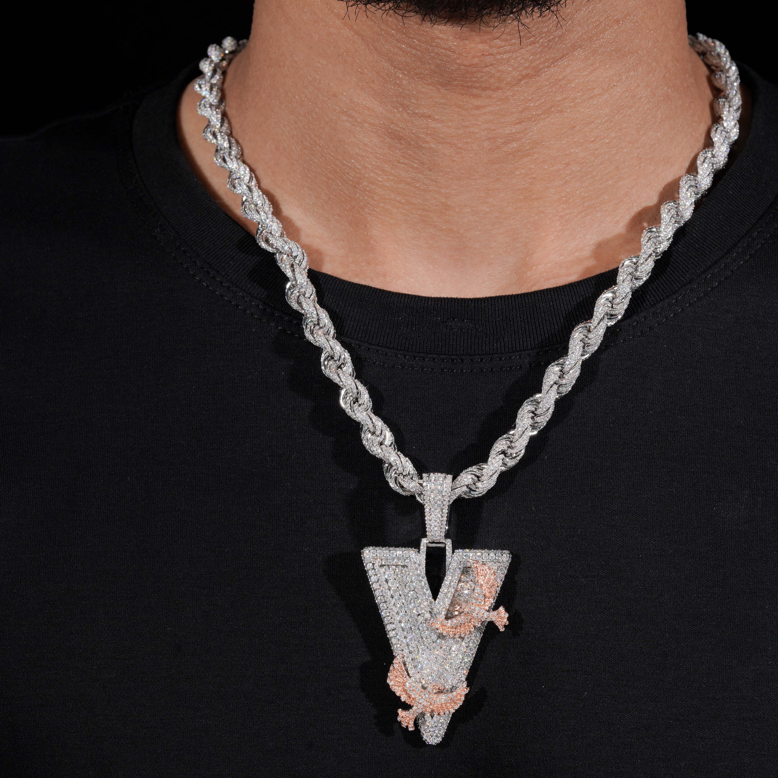 Iced Out Rose Gold Two Tone Custom Made Initial V Letter Initial Pendant Match 8MM Rope Chain