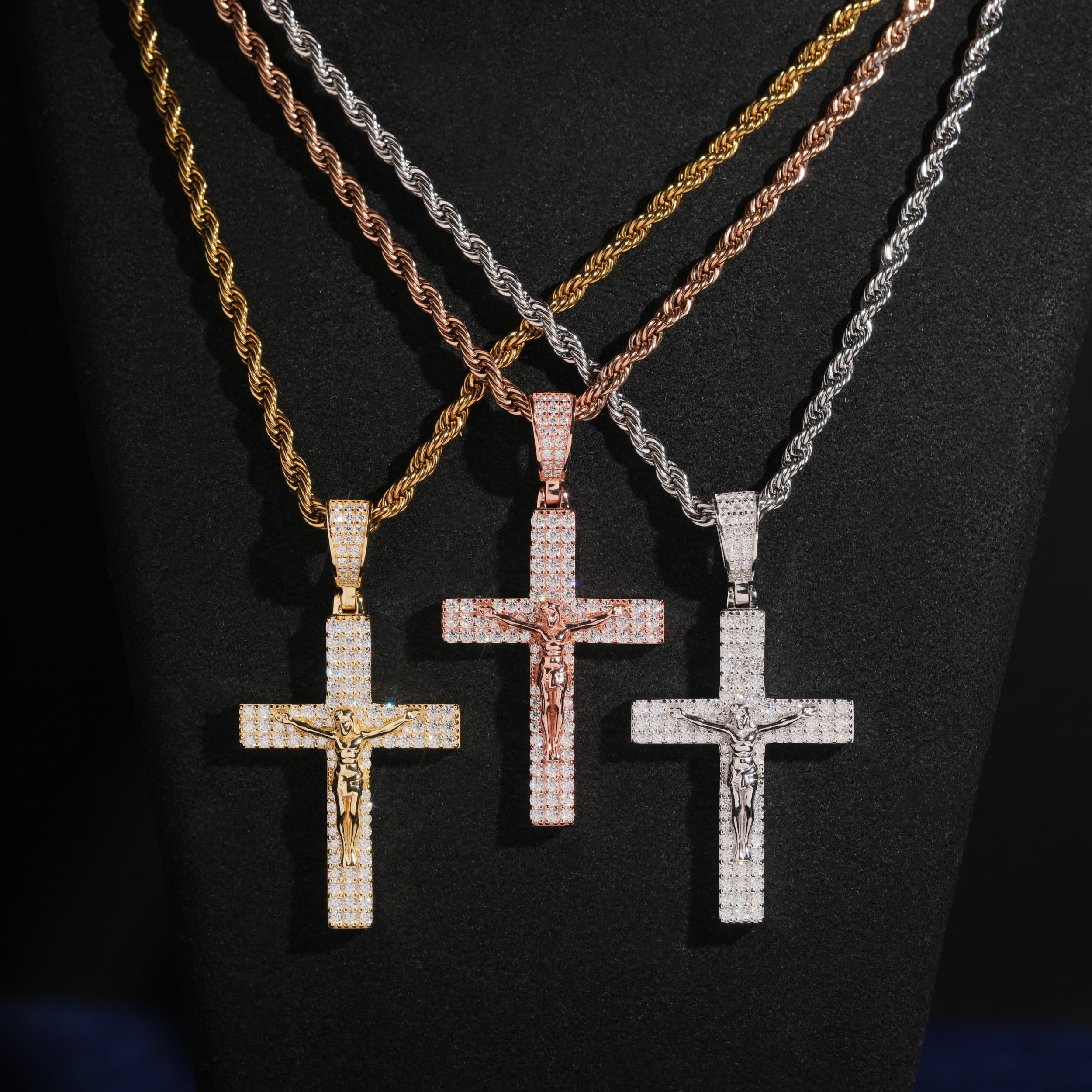 Cross Jesus Pendant Solid Silver Match 3MM Rope Chain