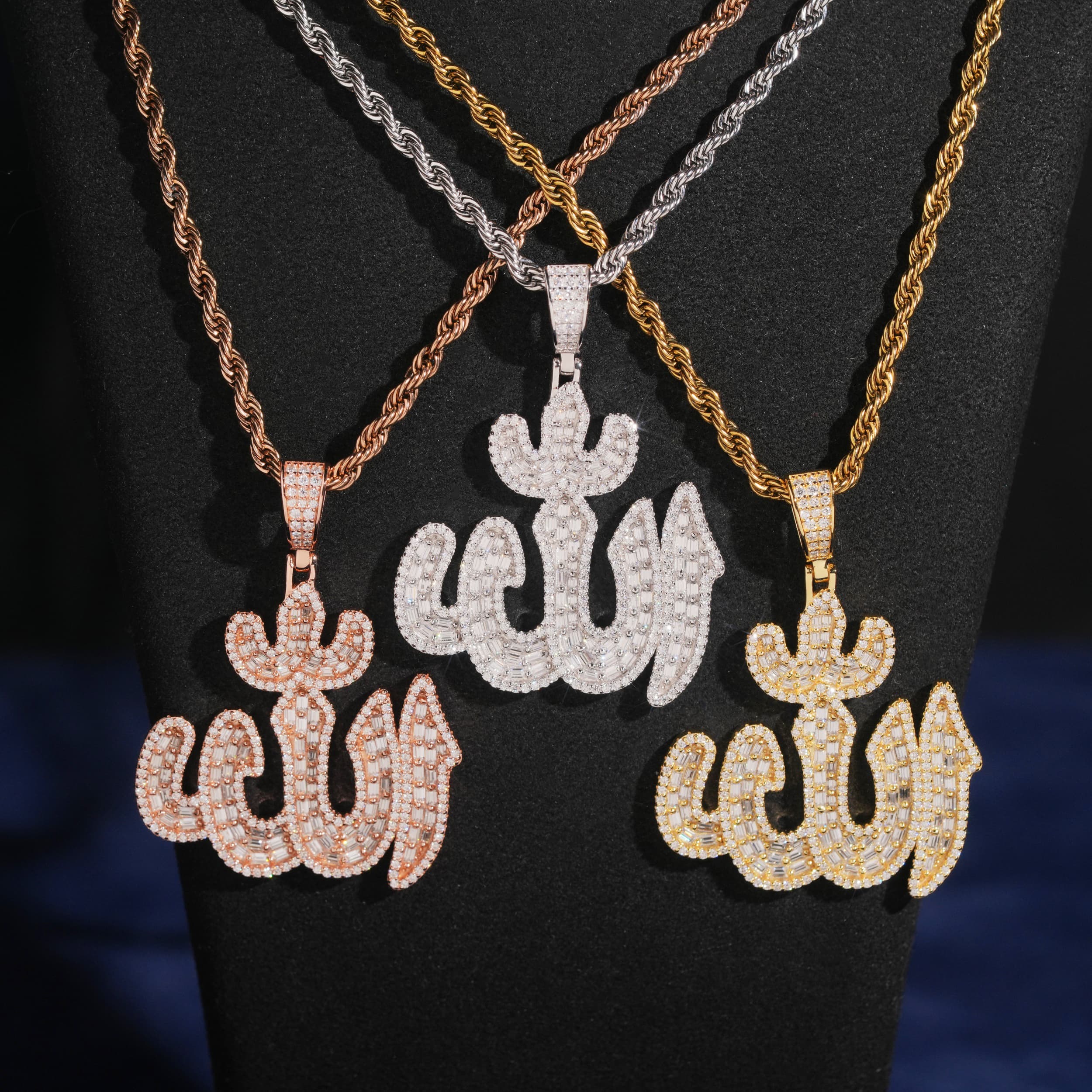 Baguette Cut Moissanite Diamond Allah Pendant Solid Silver