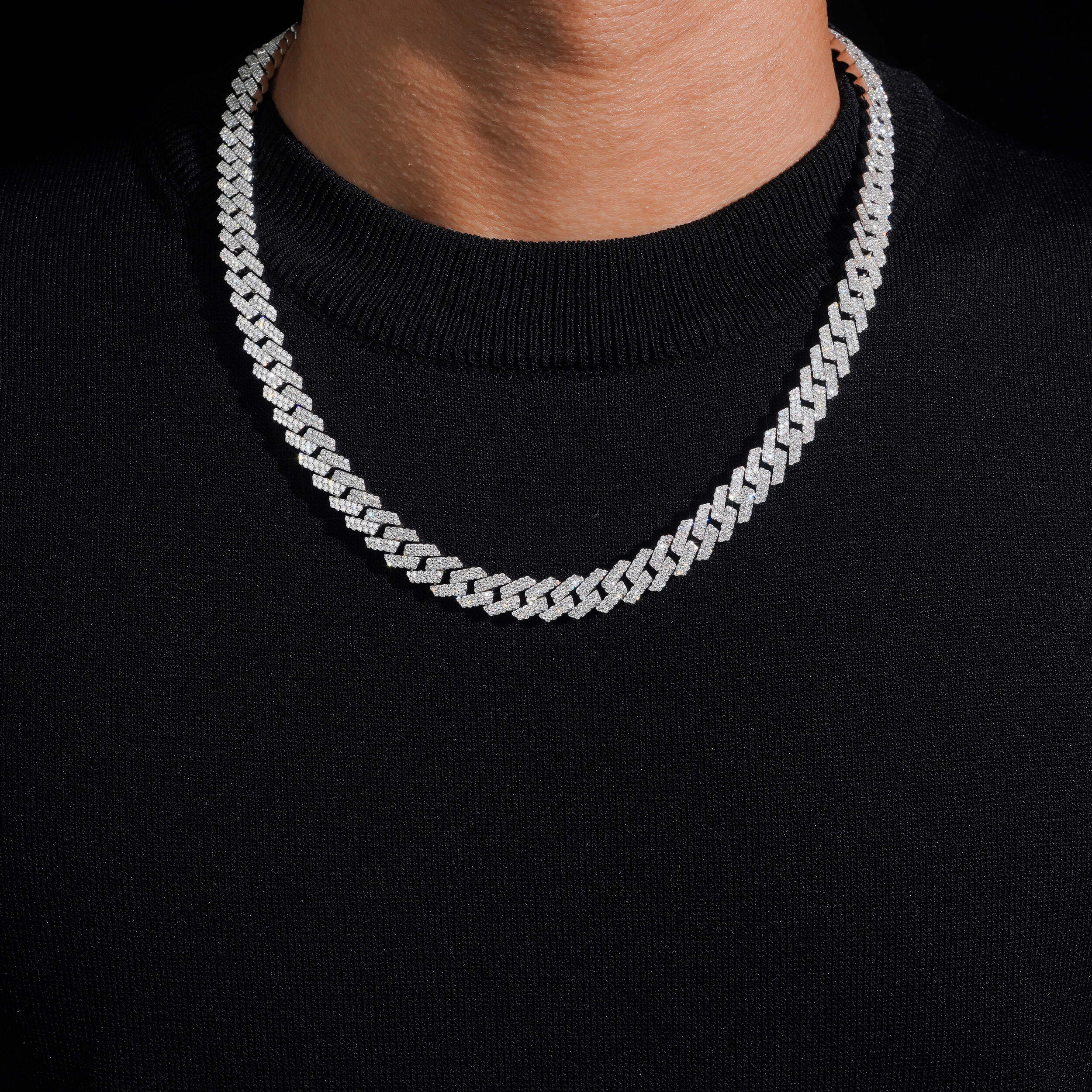 Sterling Silver 10MM Prong Set Cuban Link Chain Necklace VVS Lab Grown Diamonds