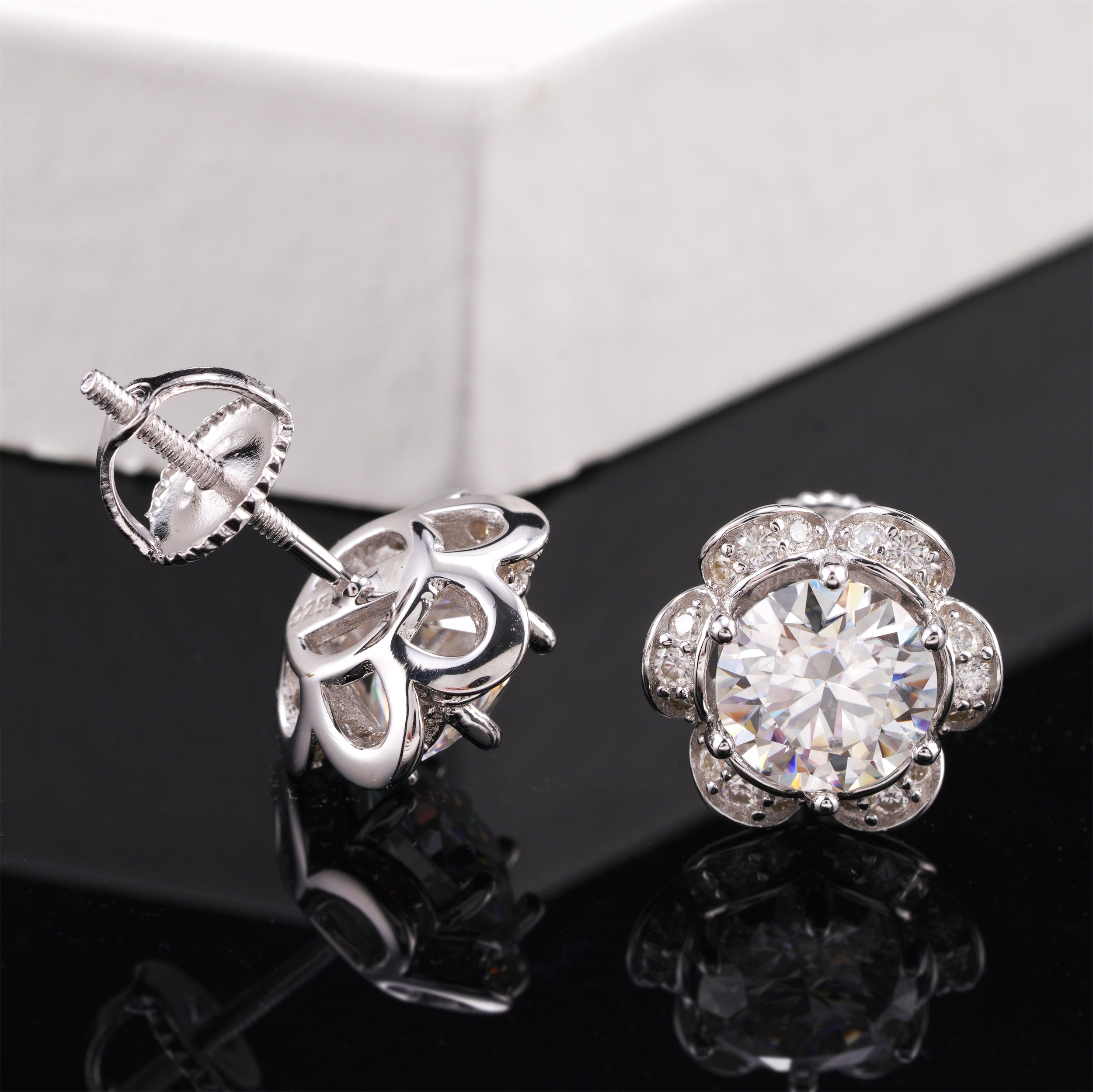 Flower Moissanite Stud Earrings Screw Back VVS Moissanite Diamond 925 Silver