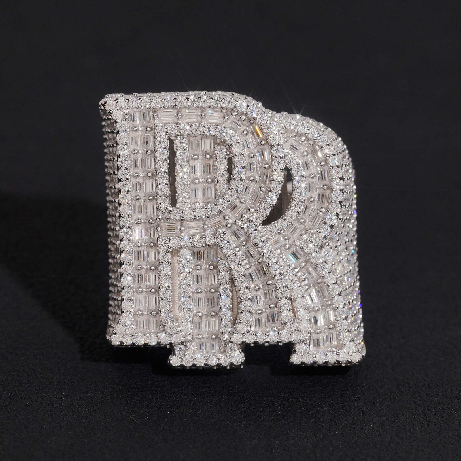 Baguette Cut 925 Sterling Silver Double R Moissanite Letter Ring