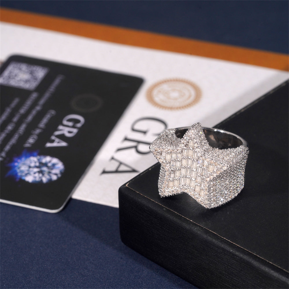 Baguette VVS Moissanite Star Ring For Men Hip Hop Jewelry Solid Silver