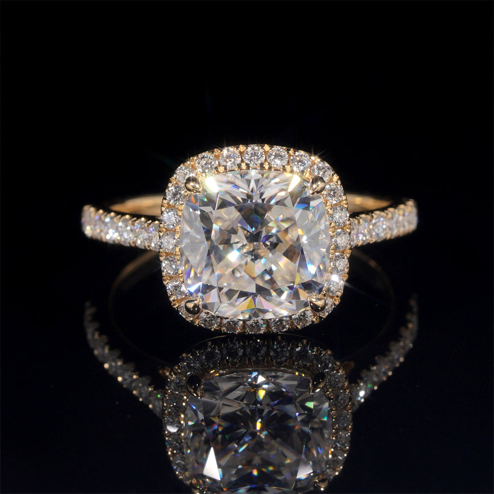 10K 14K 18K Yellow Gold VVS Moissanite Diamond Halo Style Cushion Cut Wedding Ring