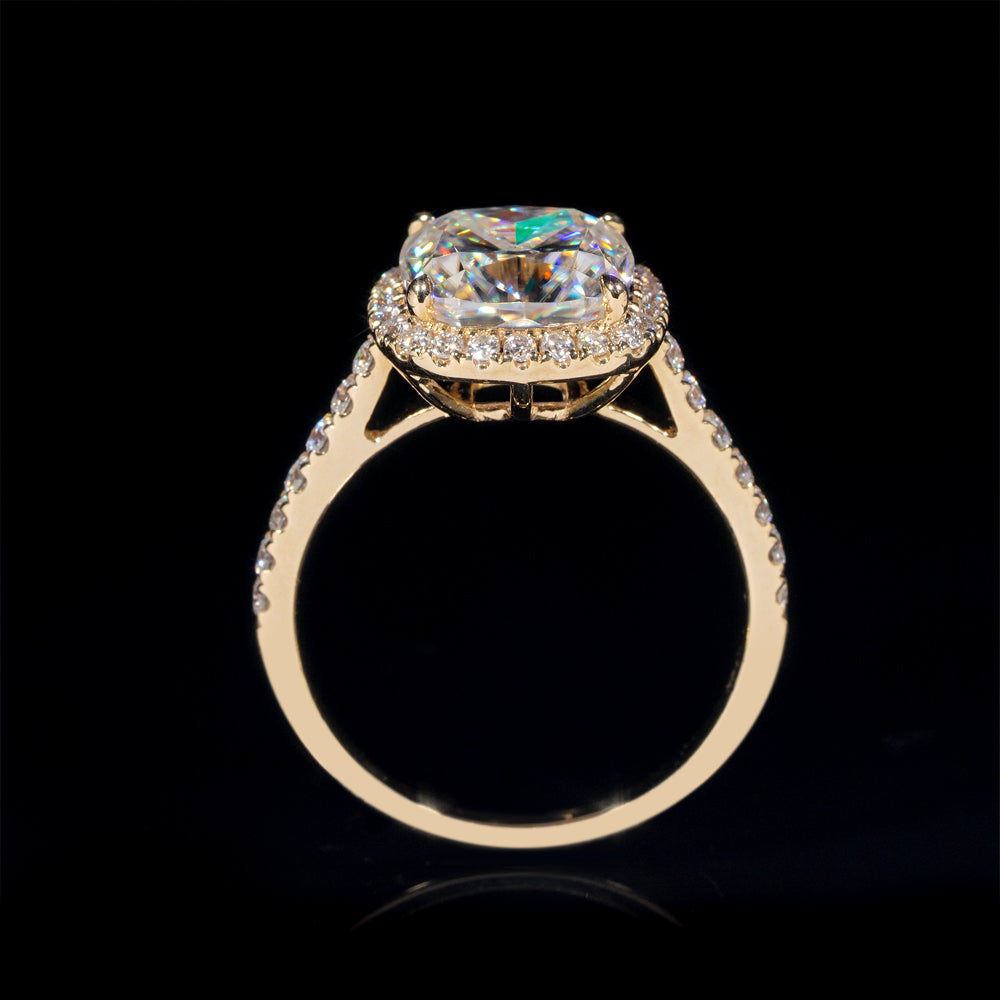 10K 14K 18K Yellow Gold VVS Moissanite Diamond Halo Style Cushion Cut Wedding Ring