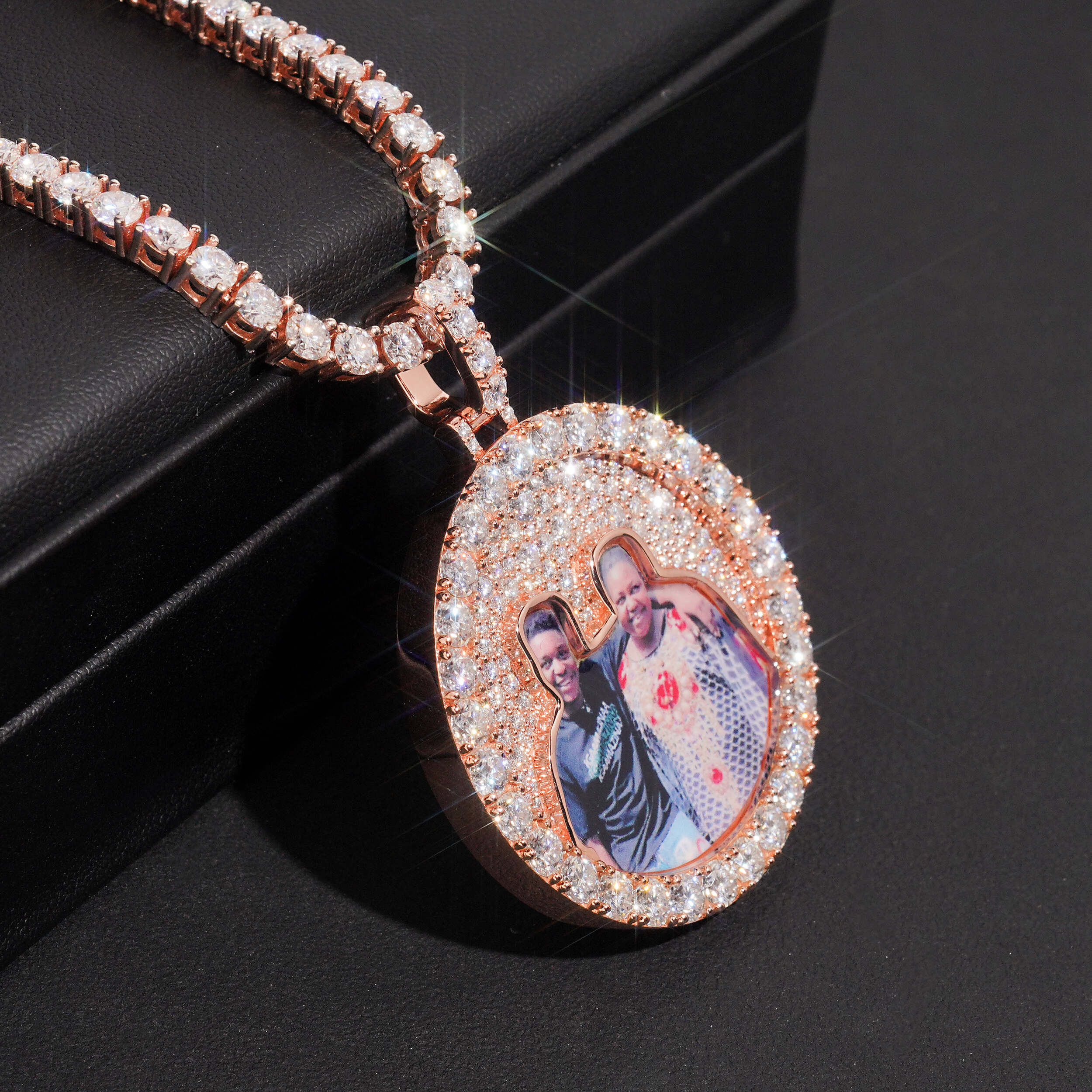 Moissanite Diamond Silver 1.75Inch Mosaic Setting Photo Memory Pendant