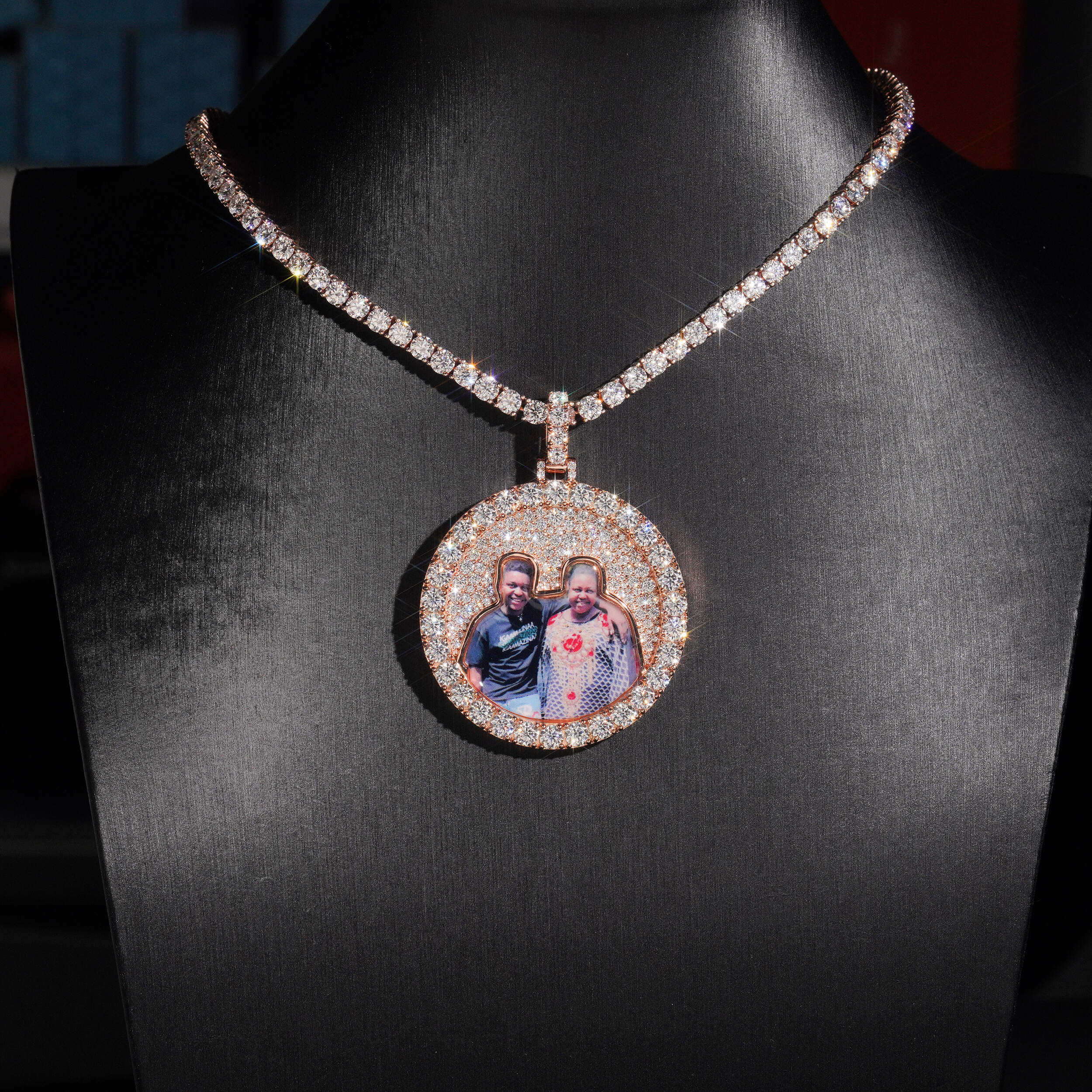 Moissanite Diamond Silver 1.75Inch Mosaic Setting Photo Memory Pendant