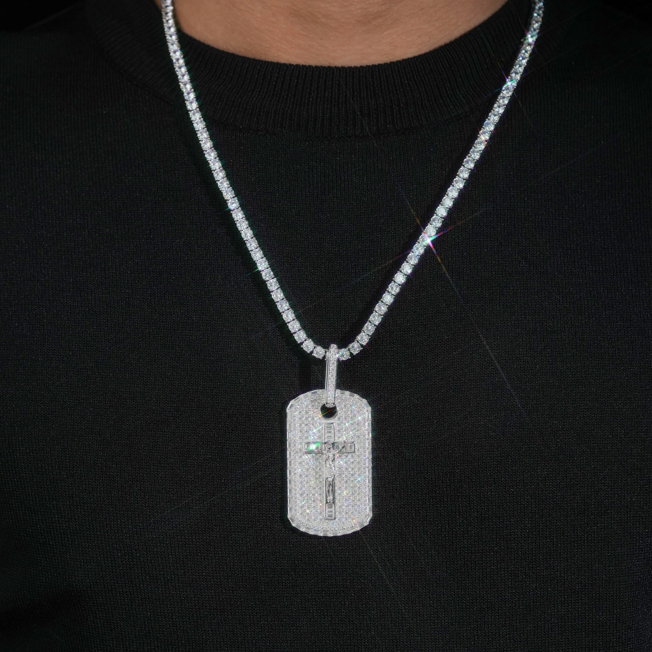 925 Silver Cross Jesus Dog Tag Pendant Moissanite Diamond Men Jewelry