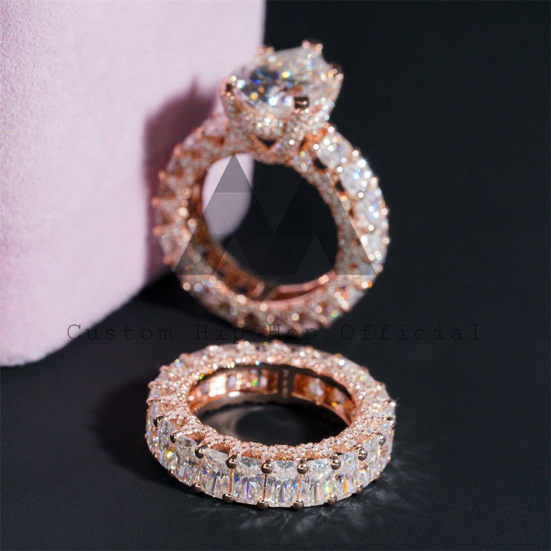 O lado congelou o grupo luxuoso luxuoso do anel de noivado do diamante de Moissanite do ouro de Rosa do estilo 10K