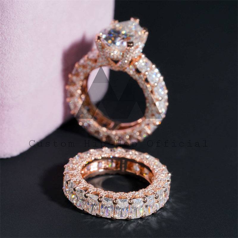 Side Iced Luxury Style 10K Rose Gold Moissanite Diamond Engagement Ring Set