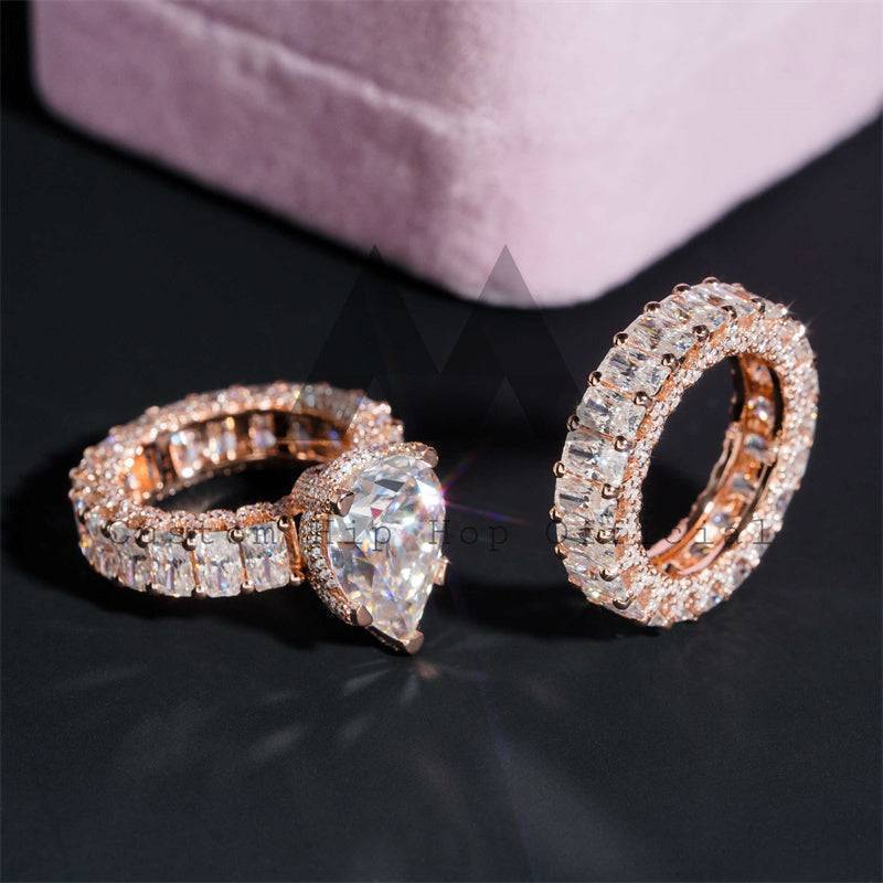 Side Iced Luxury Style 10K Rose Gold Moissanite Diamond Engagement Ring Set