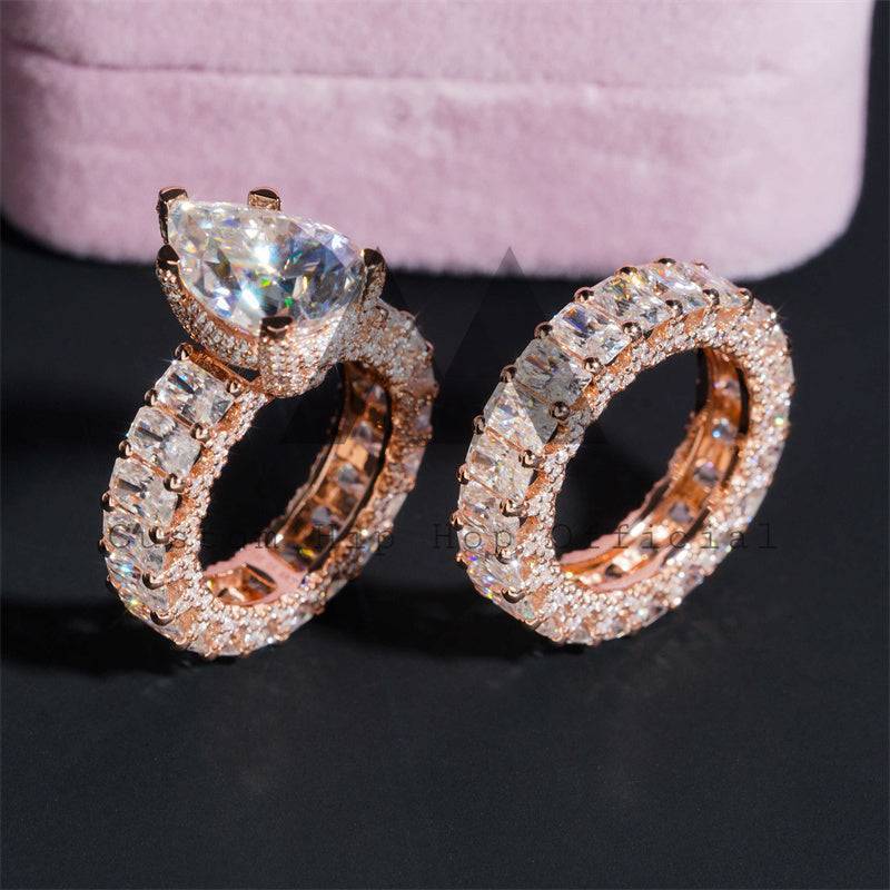 Side Iced Luxury Style 10K Rose Gold Moissanite Diamond Engagement Ring Set