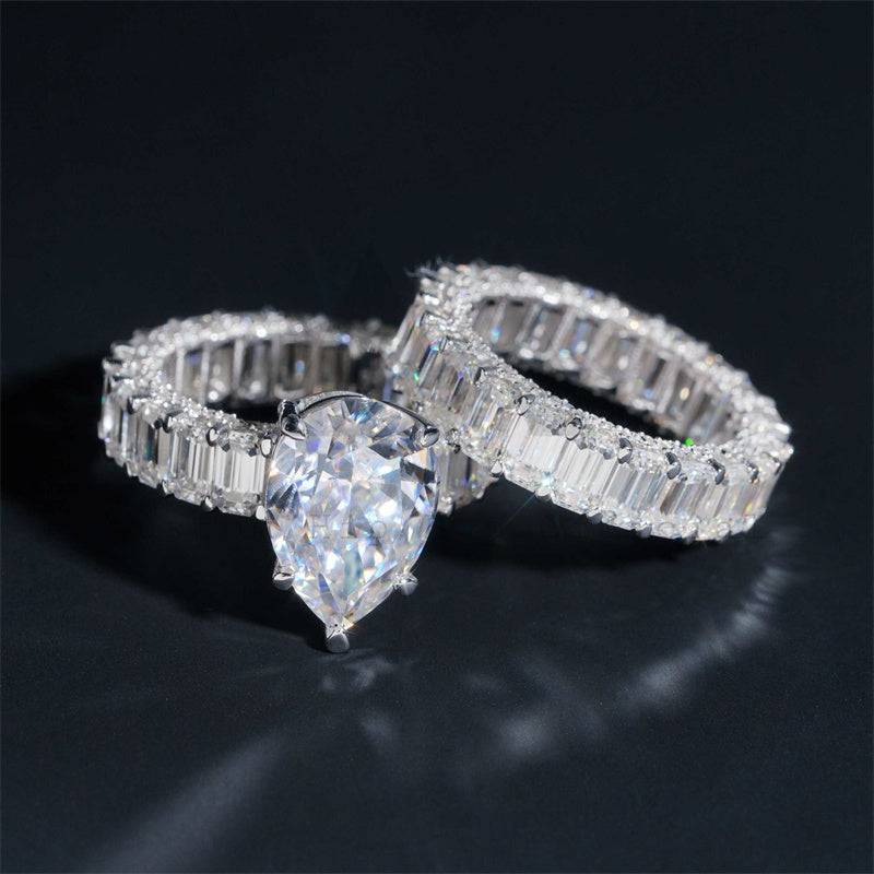 White Gold Sterling Silver 925 VVS Moissanite Diamond Pear Cut Engagement Ring Set