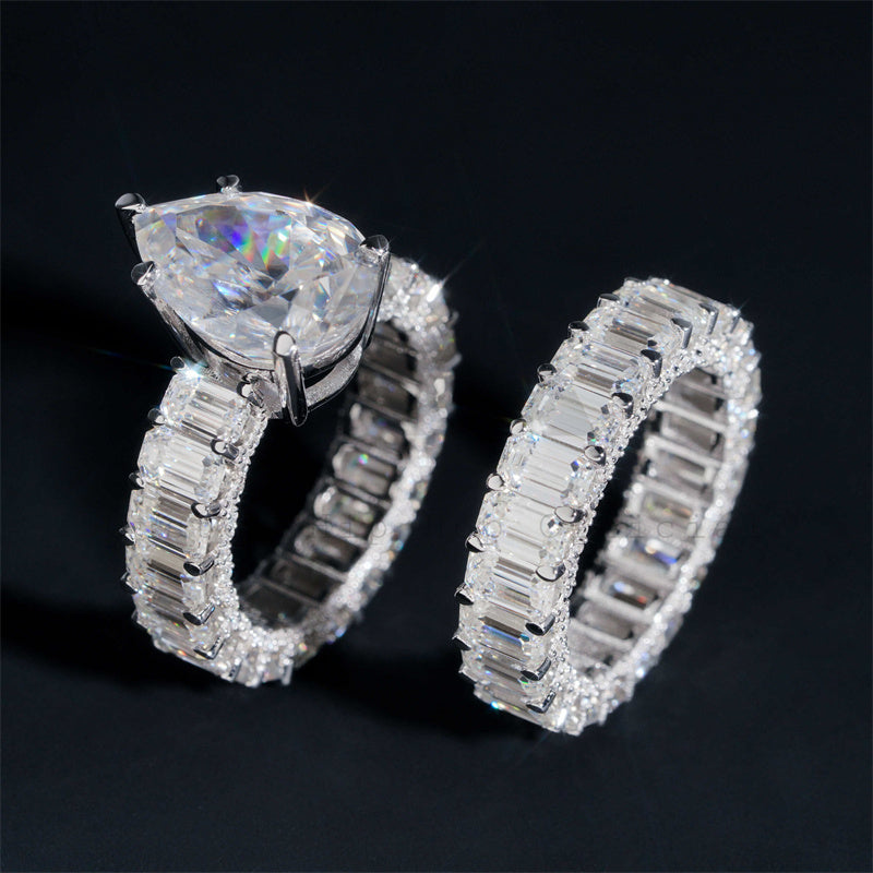 White Gold Sterling Silver 925 VVS Moissanite Diamond Pear Cut Engagement Ring Set