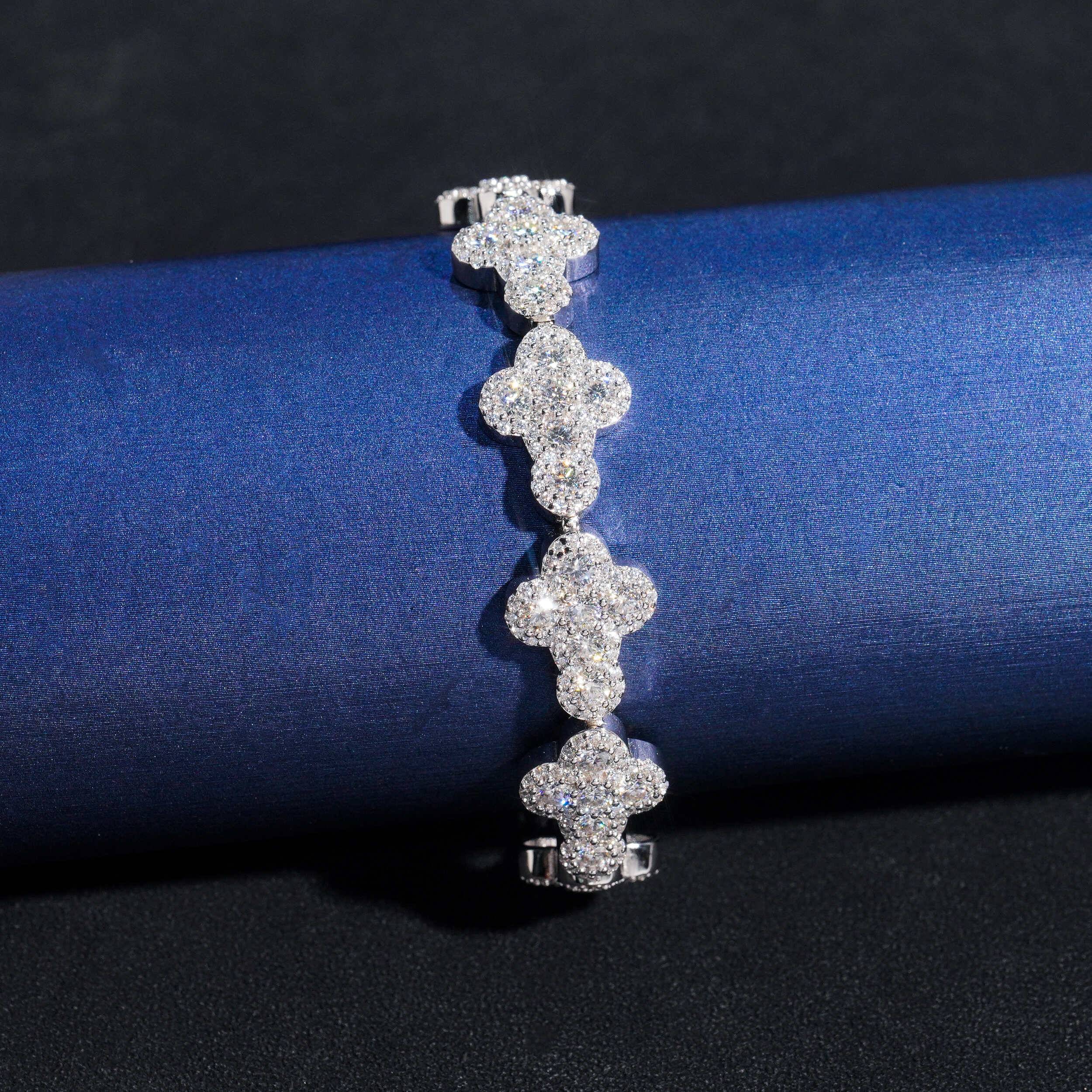 Iced Out Moissanite Diamond Clover Bracelet, Silver Hip Hop Jewelry