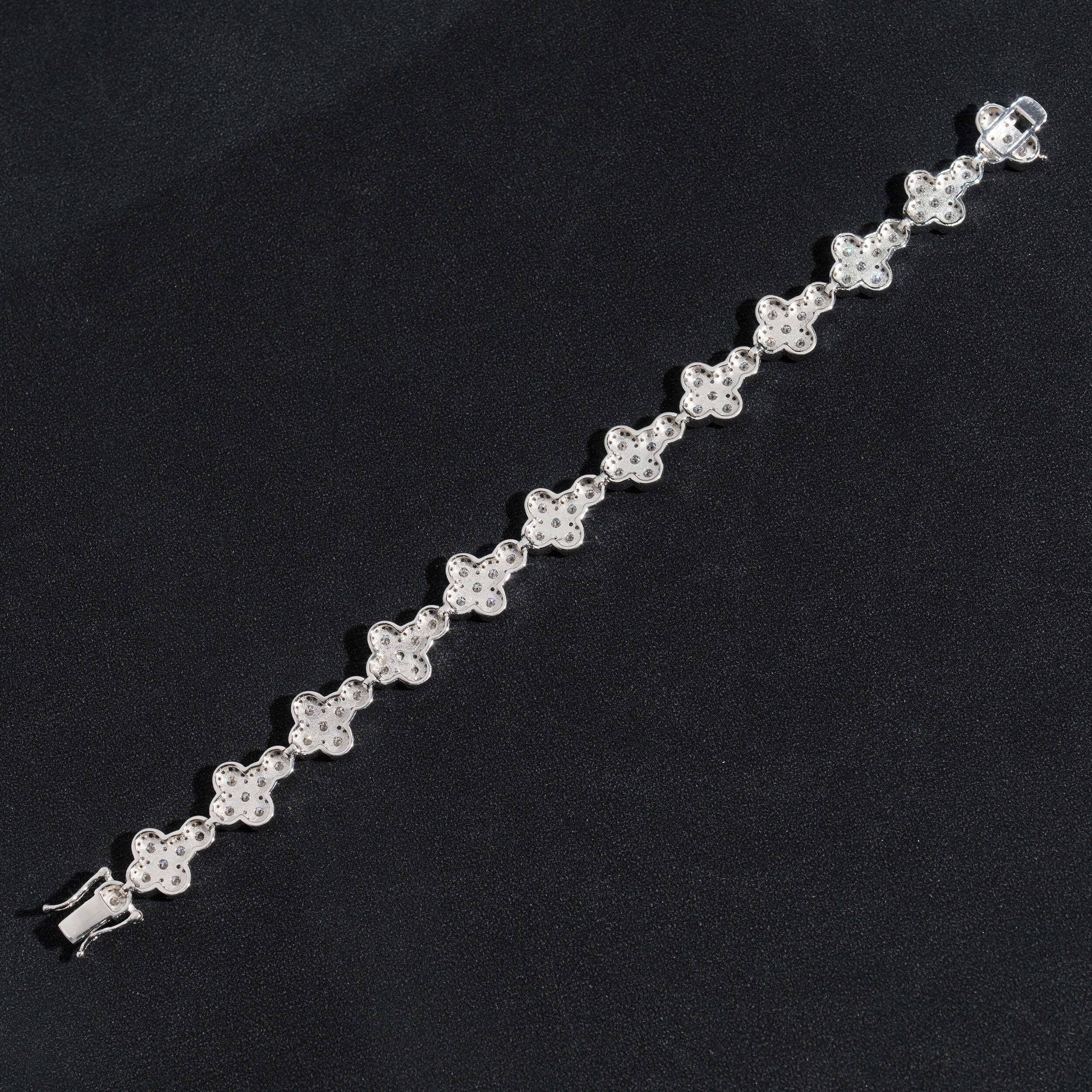 Iced Out Moissanite Diamond Clover Bracelet, Silver Hip Hop Jewelry