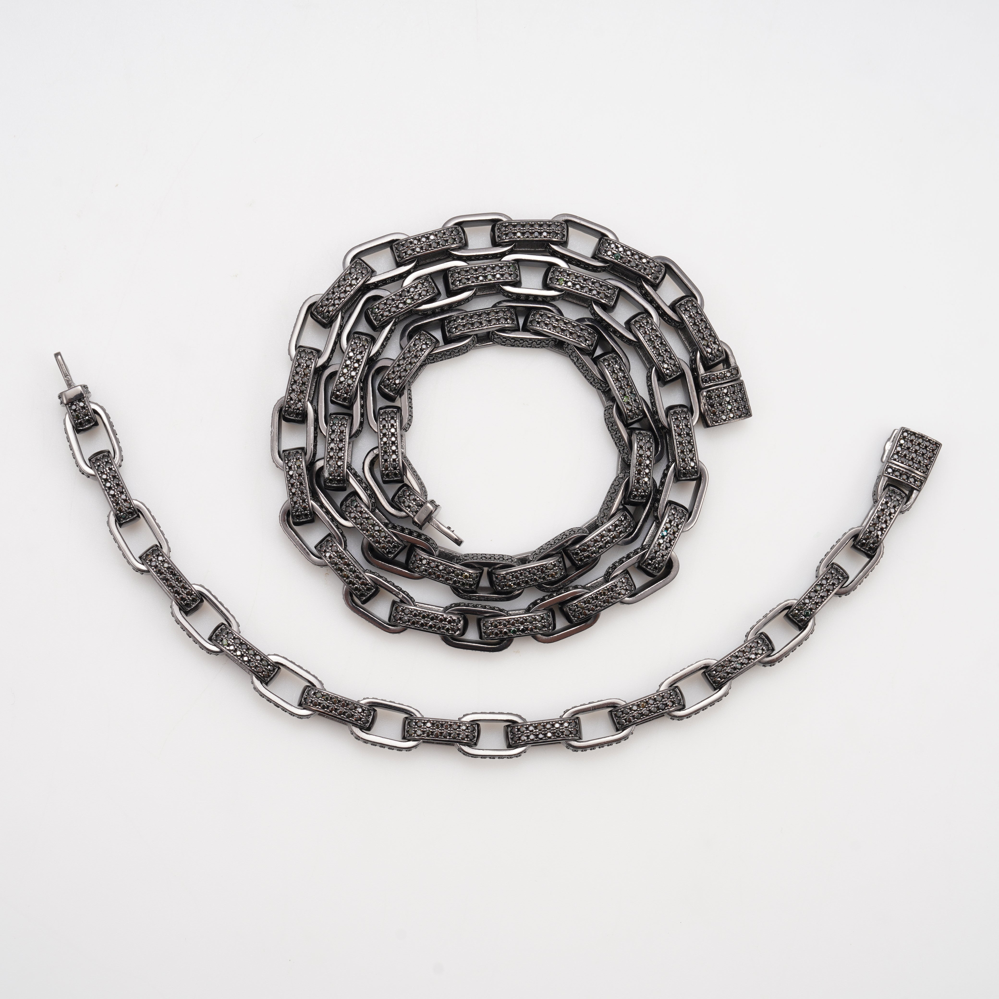 925 Sterling Silver 8MM Hermes Link Chain VVS Black Moissanite Diamond