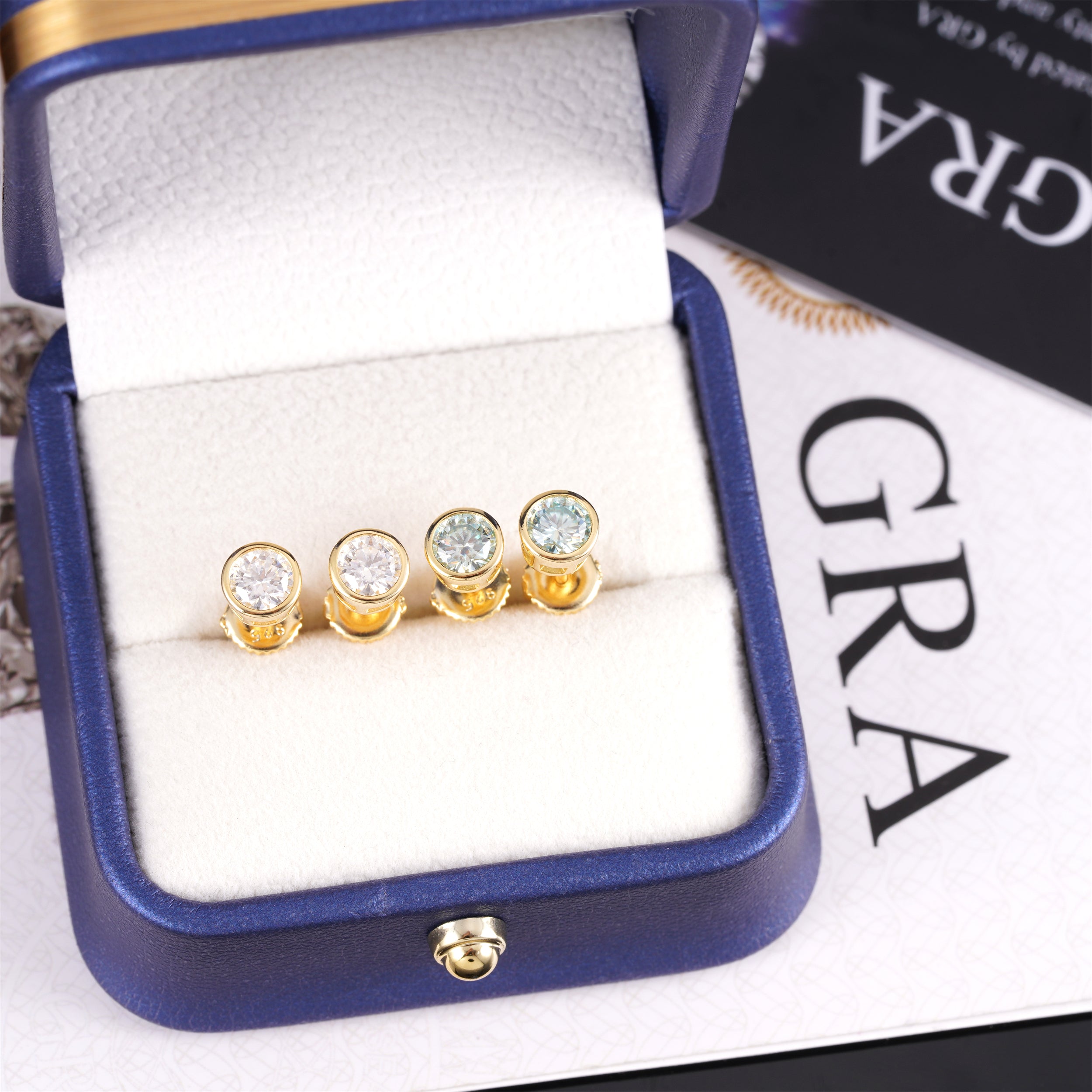 Gold Plated Soliver 925 Silver Bezel Setting Moissanite Stud Earrings