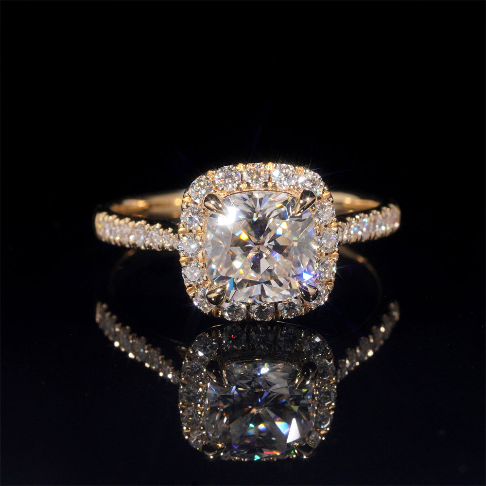 Halo Diamond Cushion Cut VVS Moissanite Engagement Ring 14K Yellow Gold