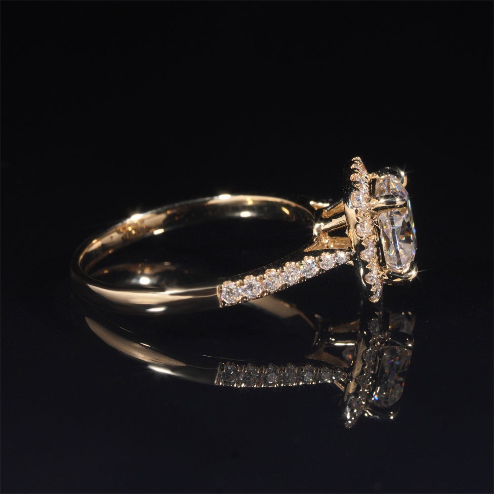 Halo Diamond Cushion Cut VVS Moissanite Engagement Ring 14K Yellow Gold