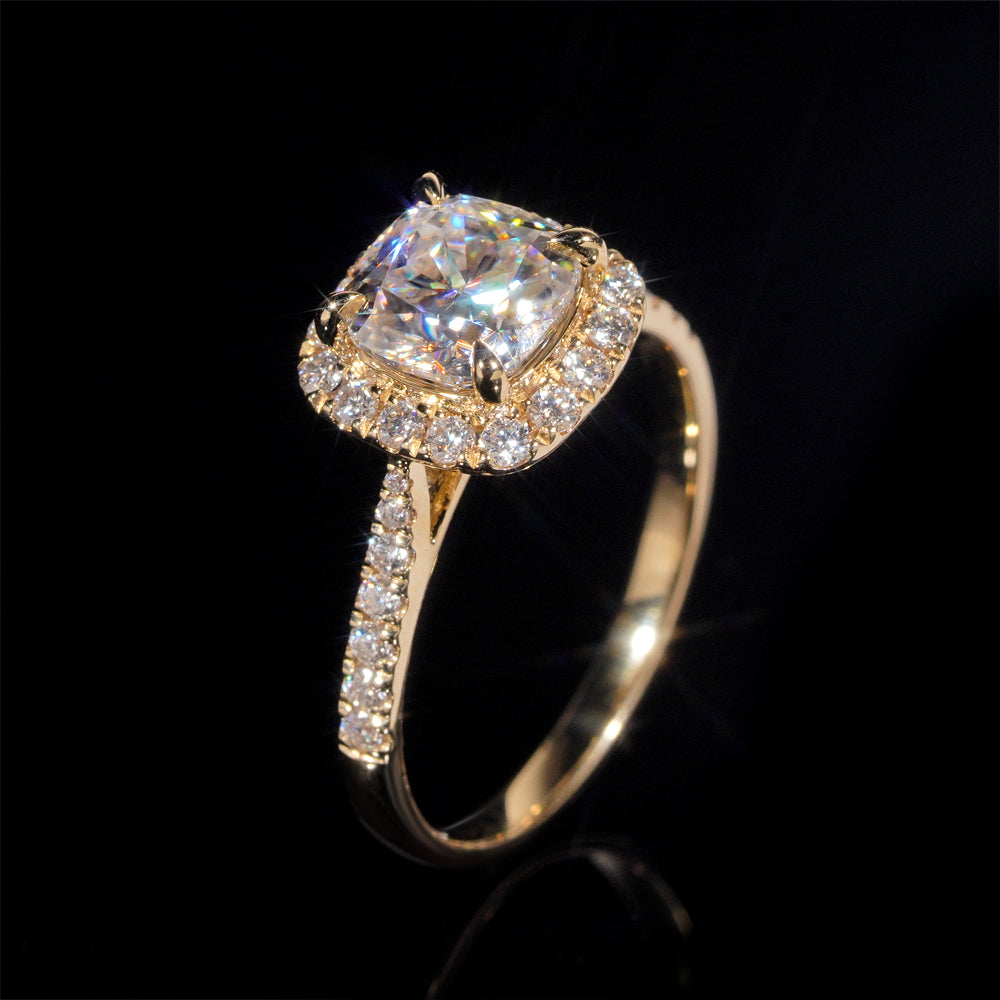 Halo Diamond Cushion Cut VVS Moissanite Engagement Ring 14K Yellow Gold