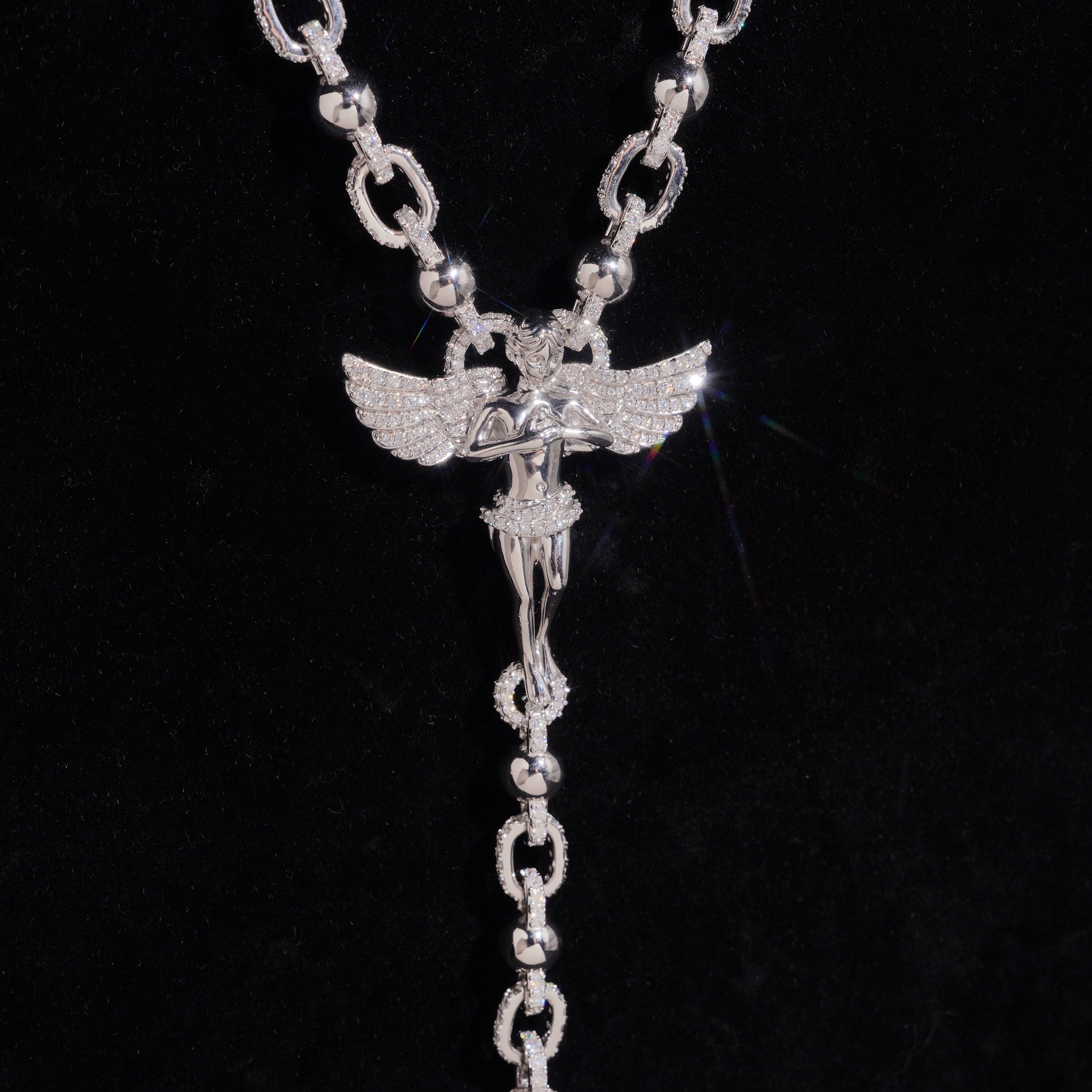Custom Made Sterling Silver Moissanite Rosardy Cross Jesus Necklace