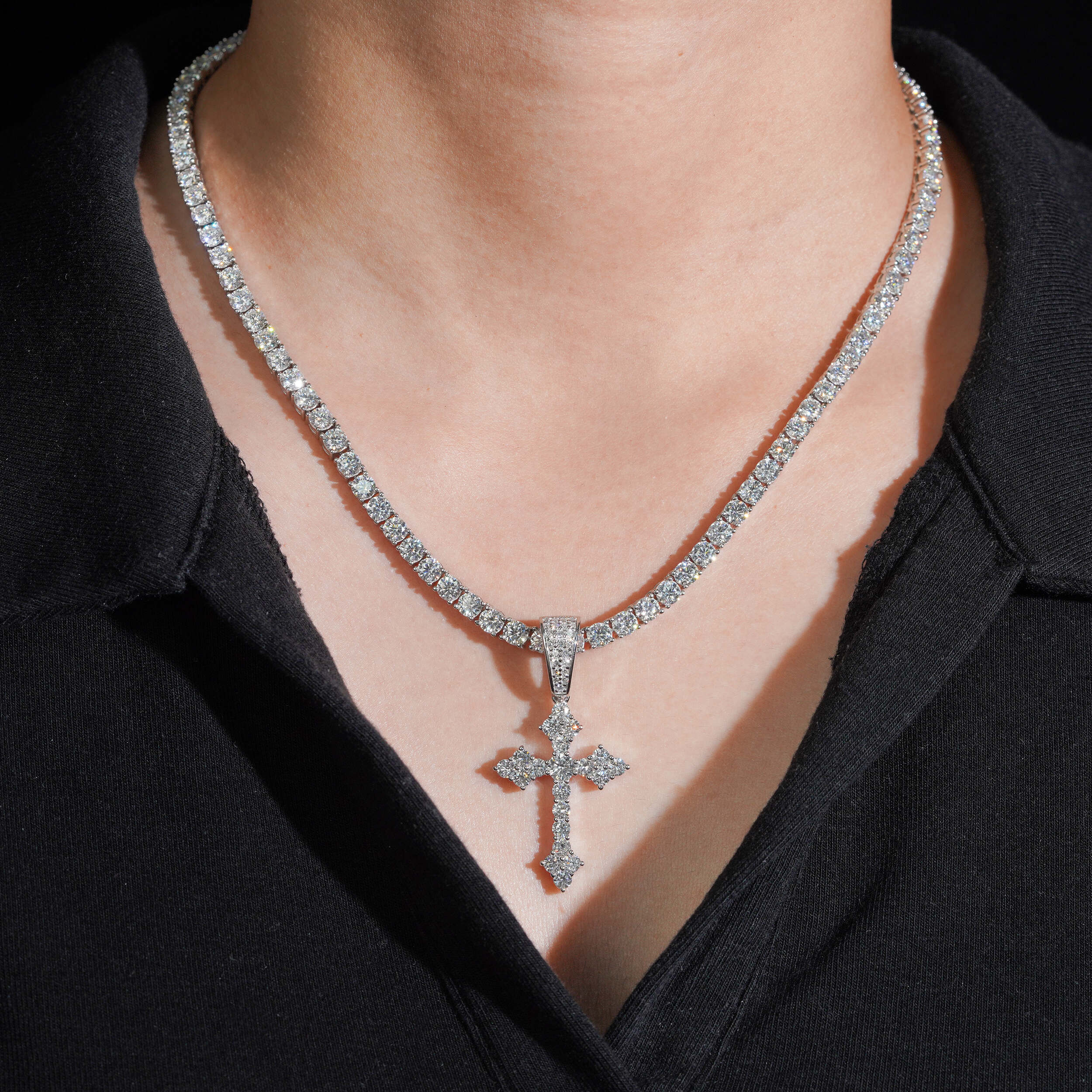 925 Sterling Silver Lab Grown Diamond Flower Cross Pendant Charm