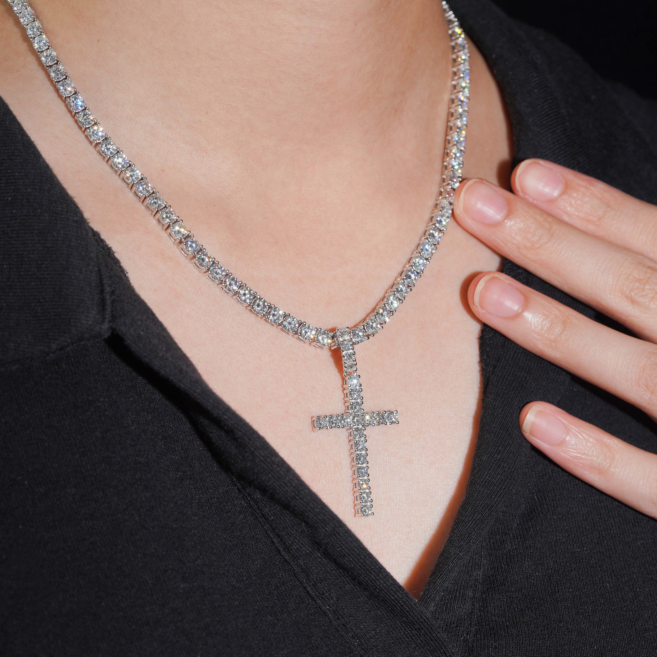 925 Sterling Silver Lab Grown Diamond Cross Pendant Charm 3MM