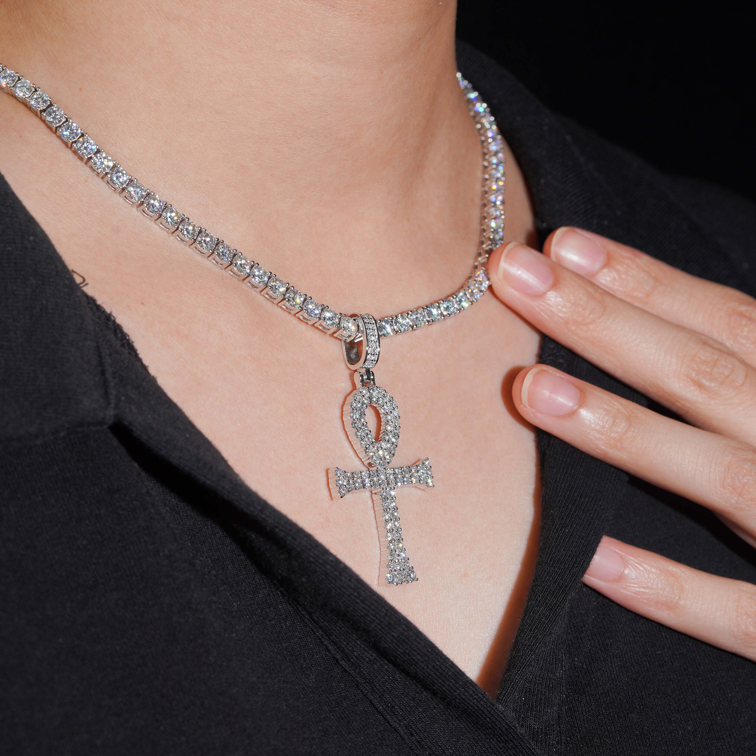 925 Sterling Silver Lab Grown Diamond Ankh Cross Pendant Charm