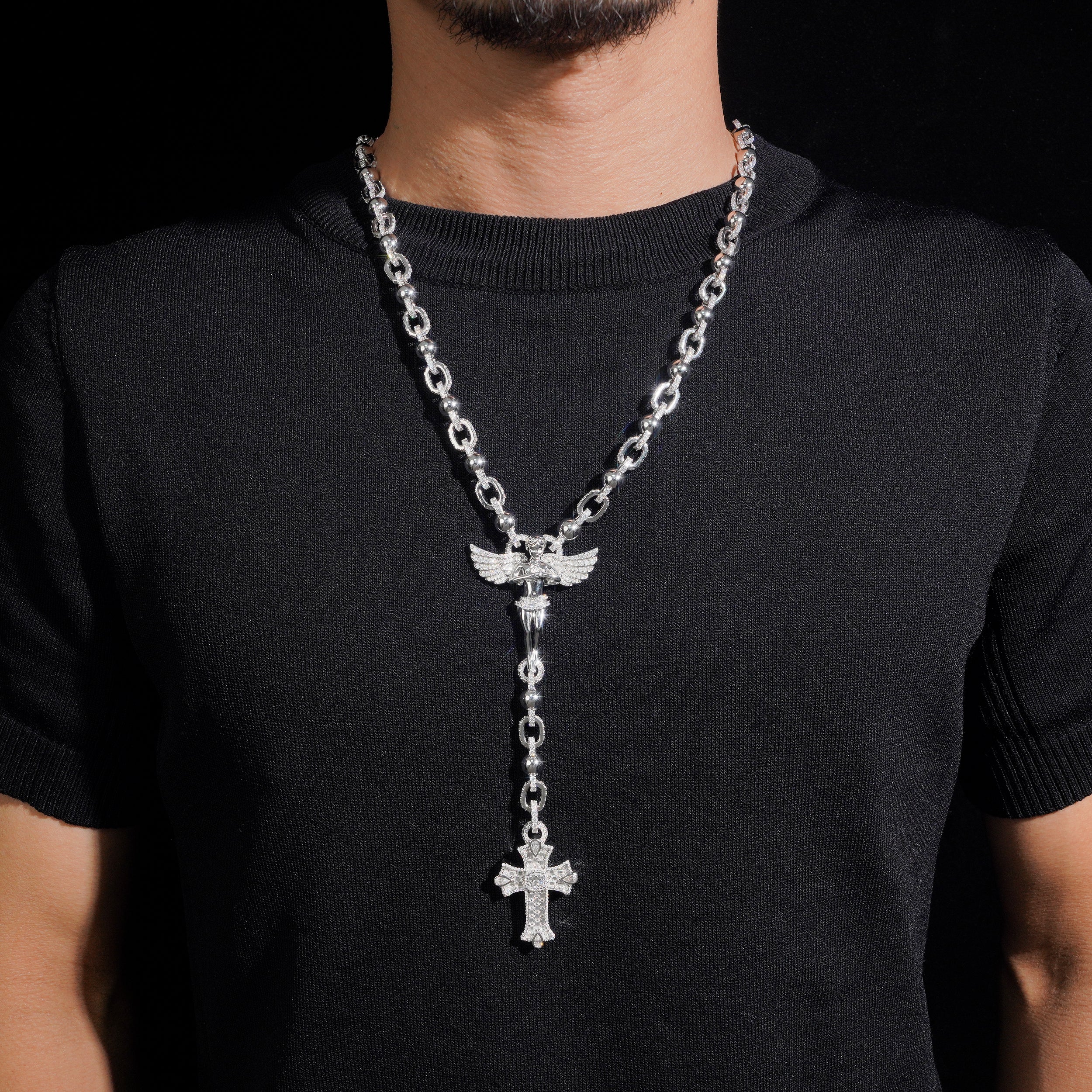 Custom Made Sterling Silver Moissanite Rosardy Cross Jesus Necklace