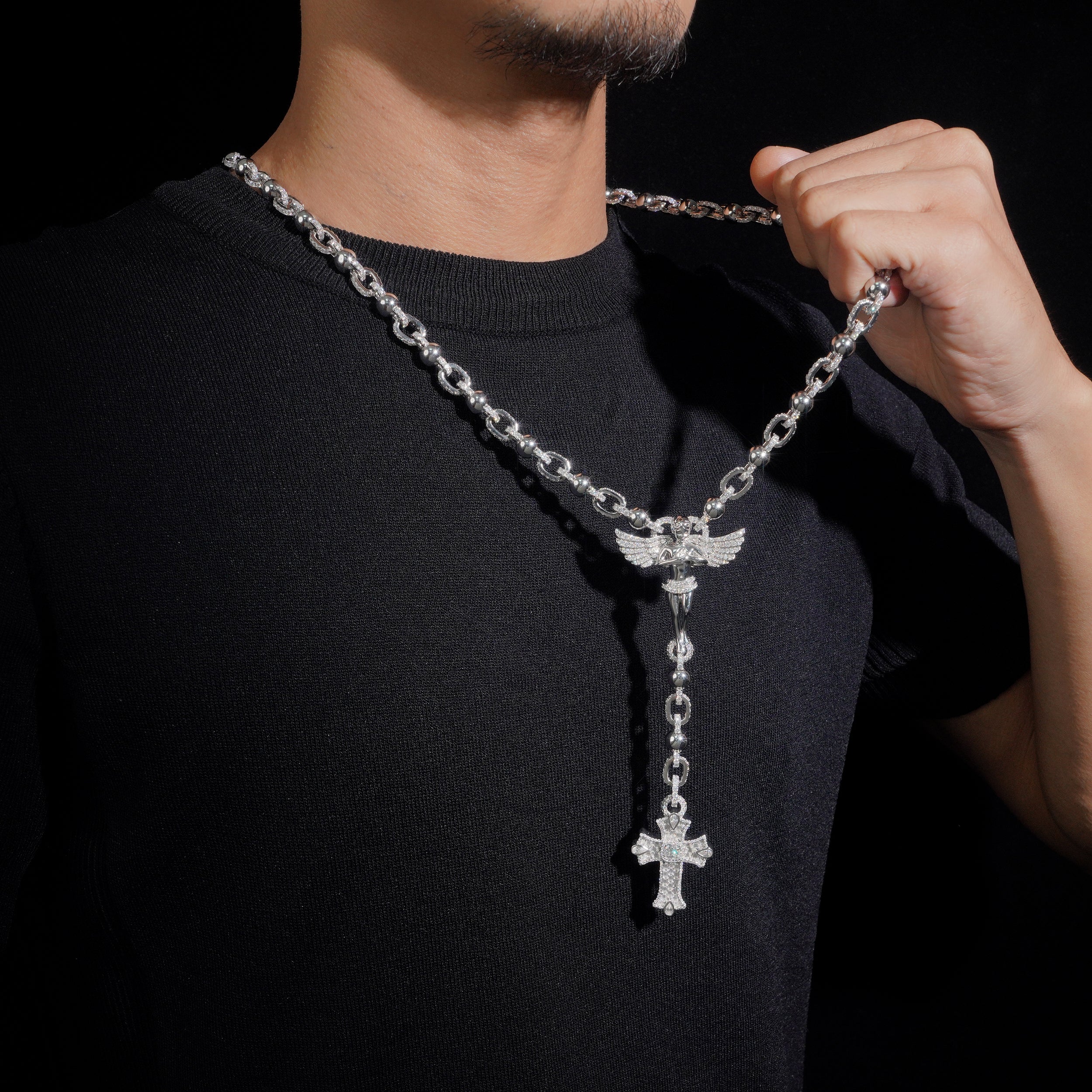 Custom Made Sterling Silver Moissanite Rosardy Cross Jesus Necklace