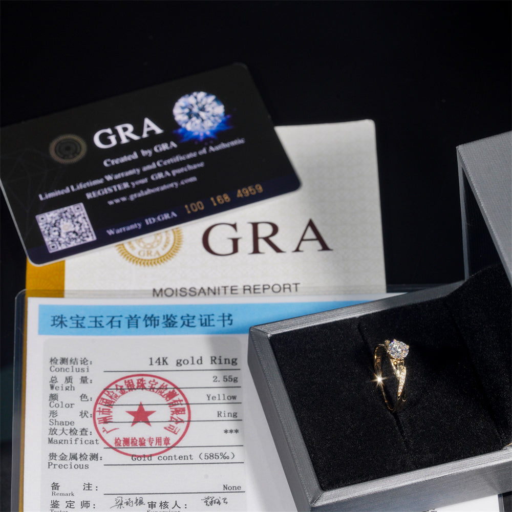 Gra Certificated 1CT 14K Real Yellow Gold Moissanite Diamond Wedding Ring Jewelry For Women