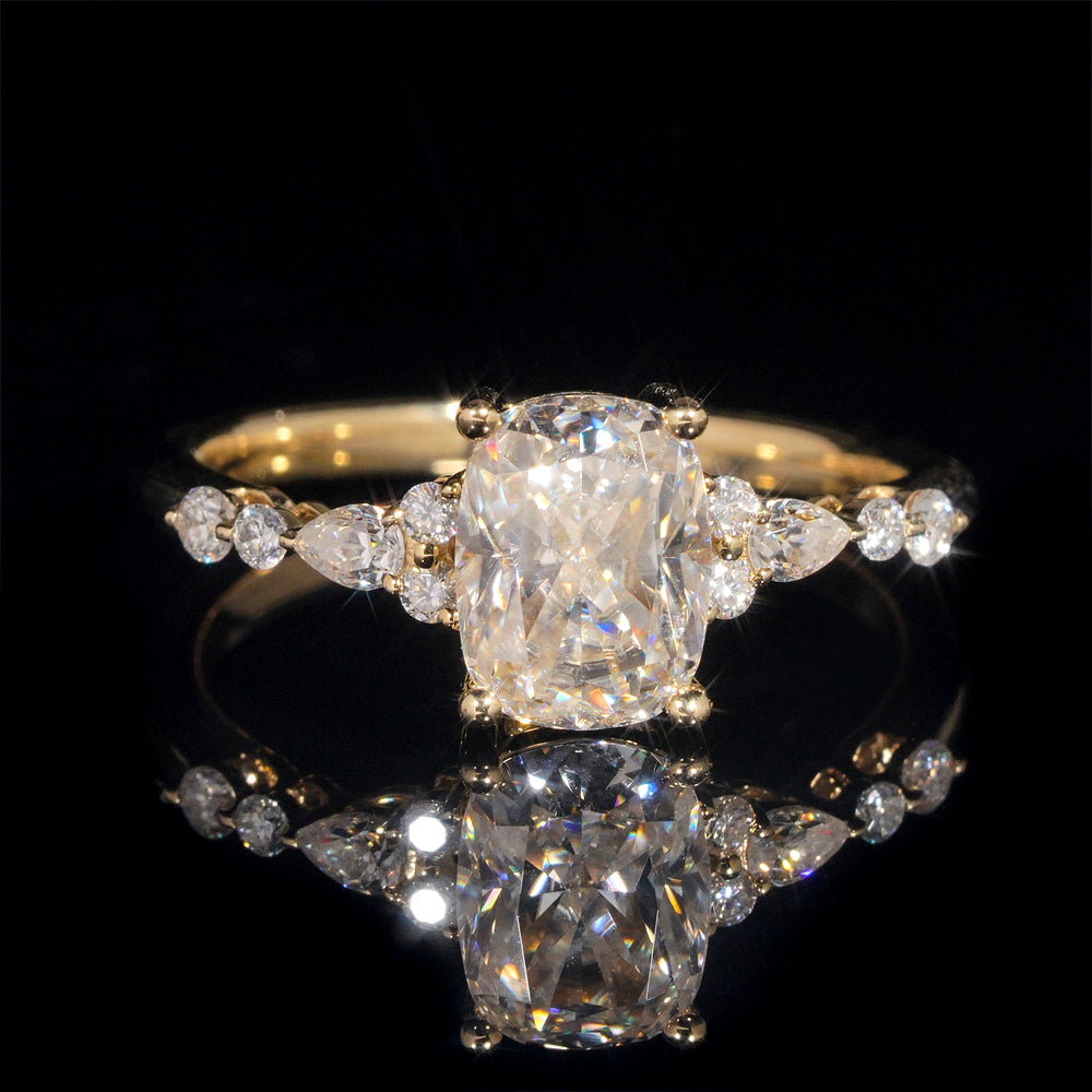 10K Yellow Gold Cushion Cut Moissanite Diamond Luxury Design Women Ring Jewelry