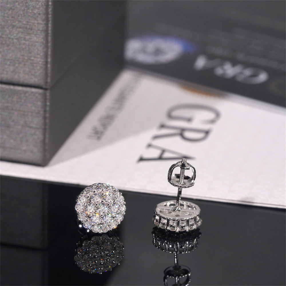 925 Sterling Silver Fully Iced Micro Pave Round Moissanite Stud Earrings For Men