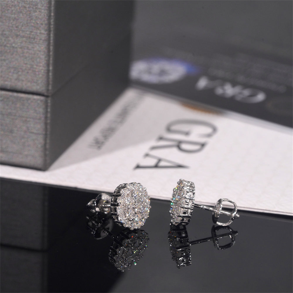 925 Sterling Silver Fully Iced Micro Pave Round Moissanite Stud Earrings For Men