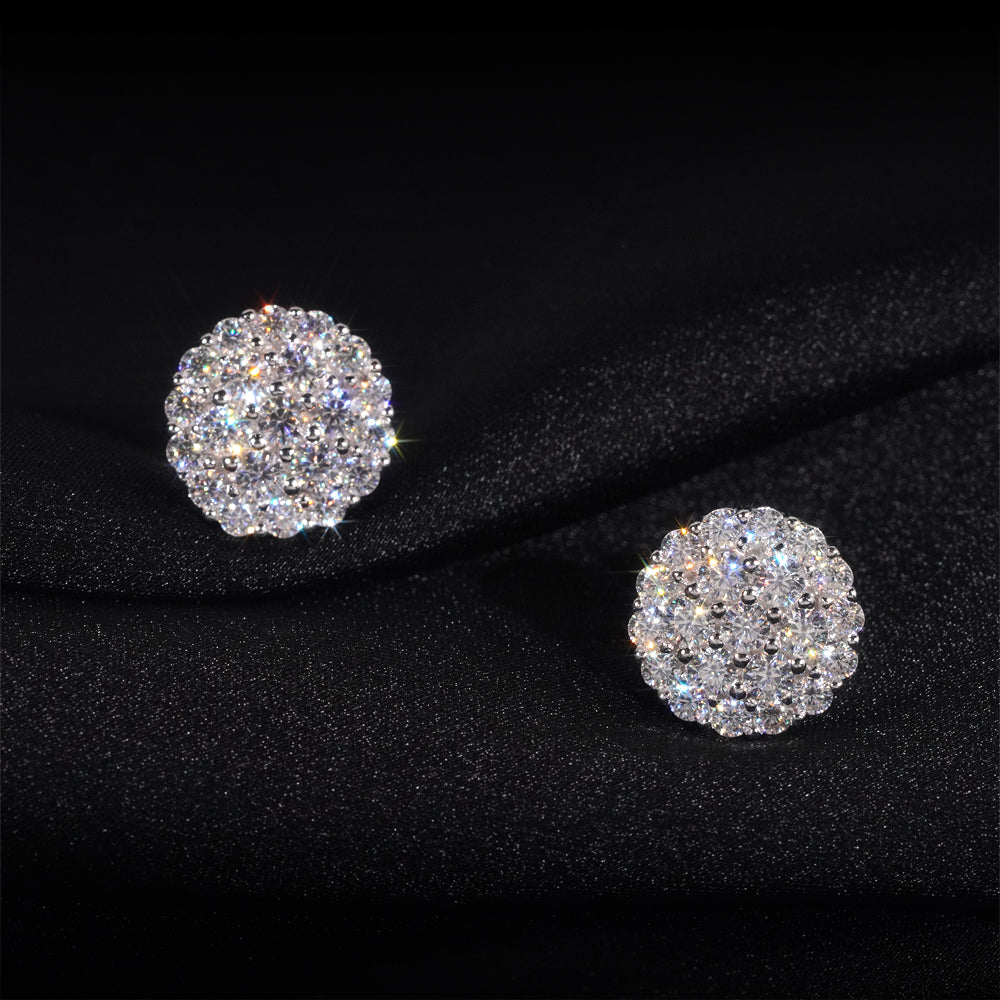 925 Sterling Silver Fully Iced Micro Pave Round Moissanite Stud Earrings For Men