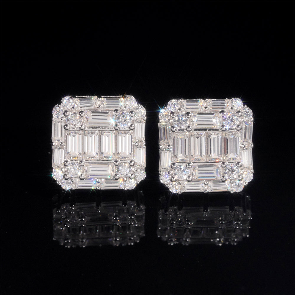 925 Sterling Silver Men VVS Baguette Diamond Moissanite Earrings Screw Back