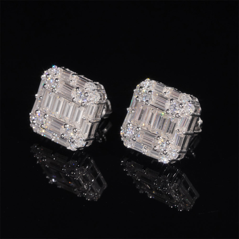 925 Sterling Silver Men VVS Baguette Diamond Moissanite Earrings Screw Back