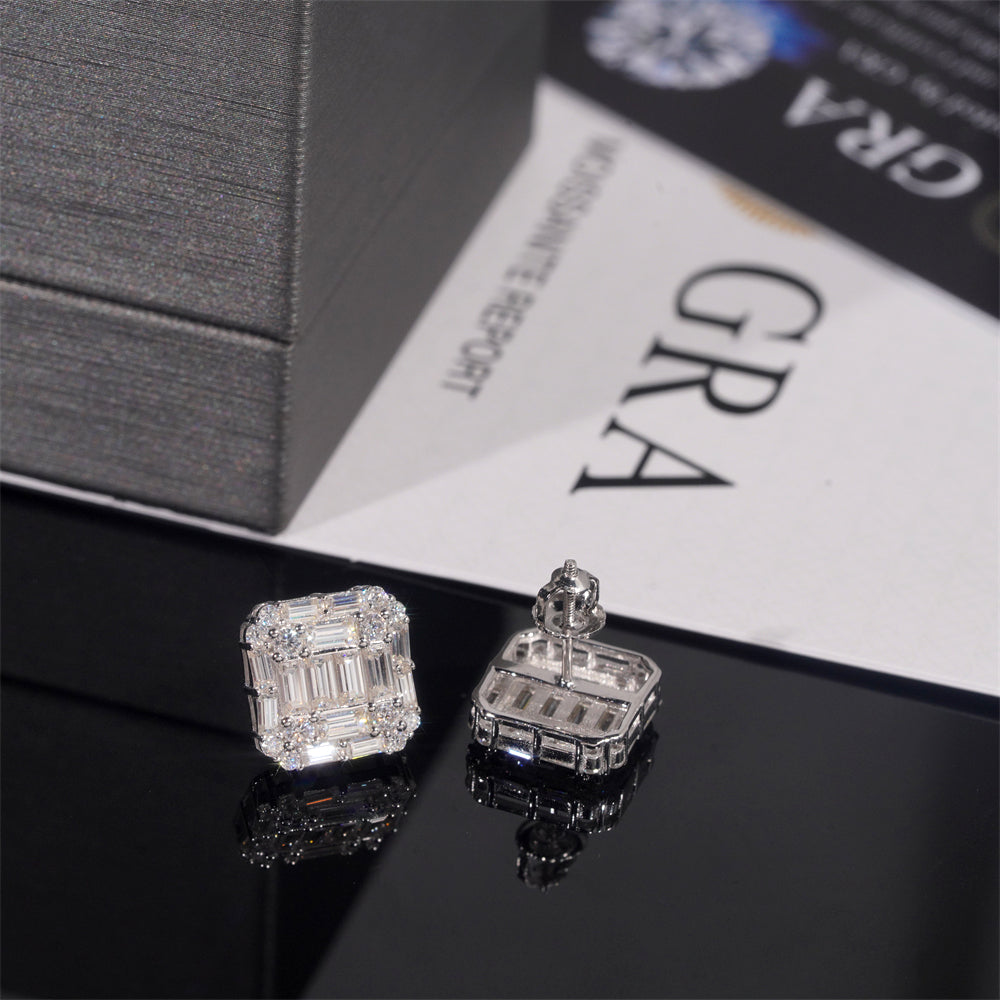 925 Sterling Silver Men VVS Baguette Diamond Moissanite Earrings Screw Back