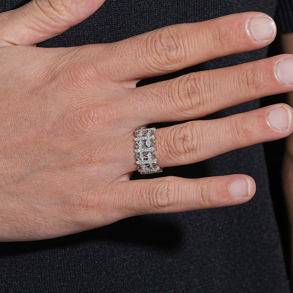 Half Iced Cross Link Men Ring VVS Moissanite Diamond