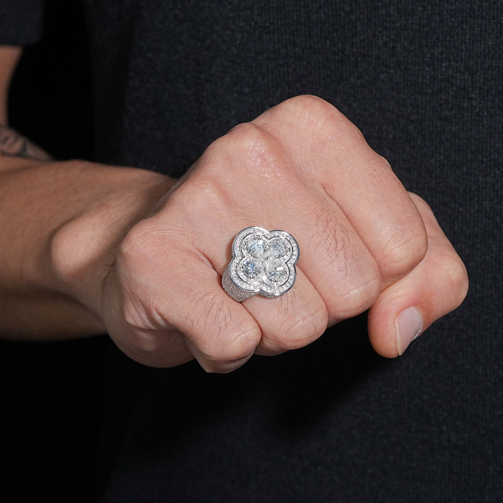 Half Iced Moissanite Diamond Men Clover Ring