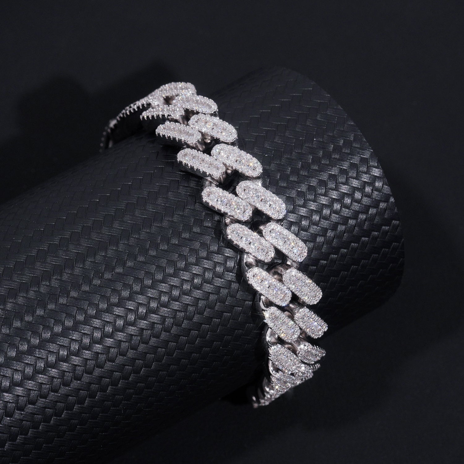 13MM Three Stone Design Solid Silver VVS Moissanite Cuban Link Bracelet