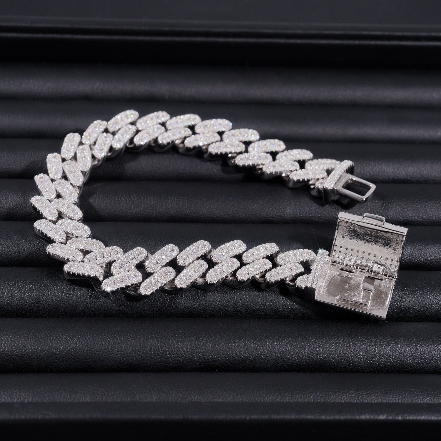 13MM Three Stone Design Solid Silver VVS Moissanite Cuban Link Bracelet