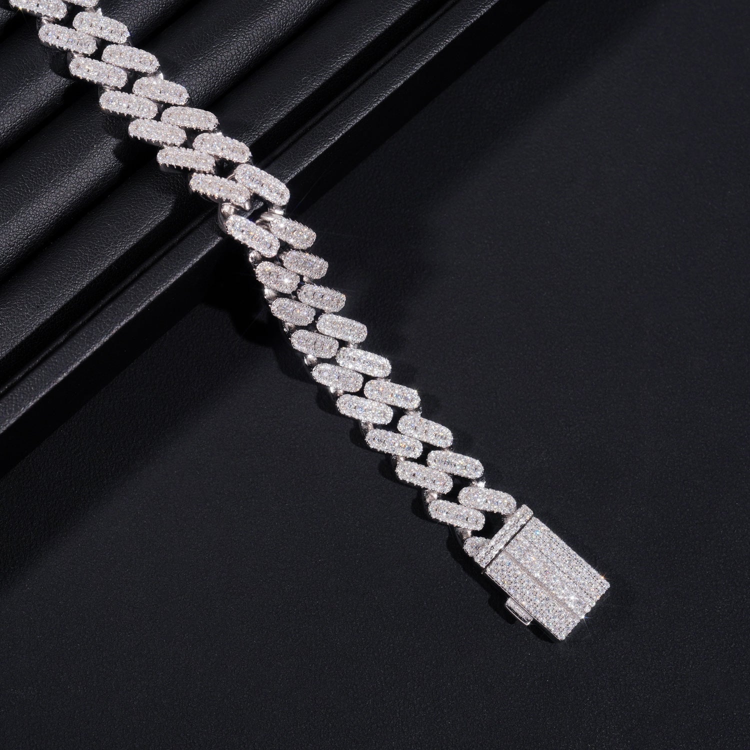 13MM Three Stone Design Solid Silver VVS Moissanite Cuban Link Bracelet